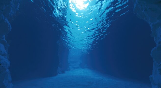 Sunlit underwater canyon with rocky walls and sandy floor