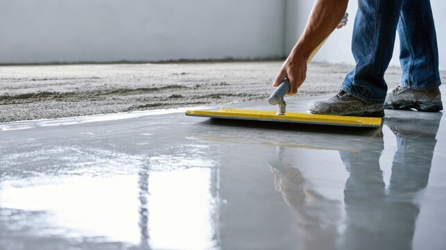 Worker smoothing wet concrete with a squeegee on a construction floor