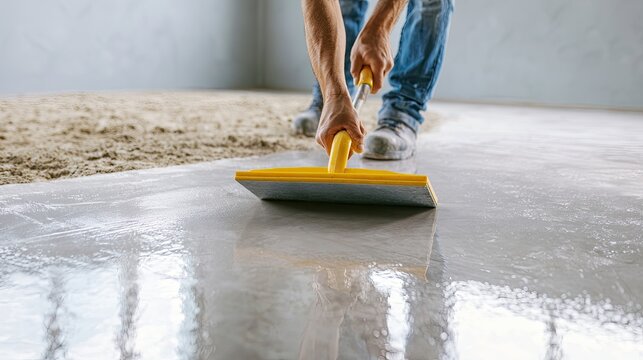Worker smoothing wet concrete floor with squeegee
