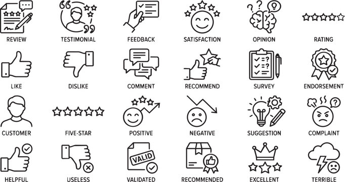 Comprehensive collection of customer feedback and review icons designed as a flat vector on transparent background