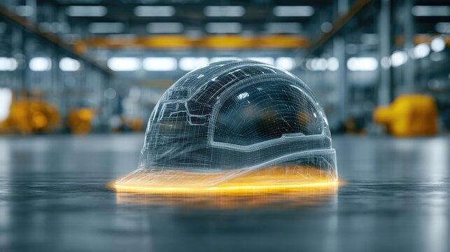 Holographic hard hat with glowing base on industrial floor, blurred background