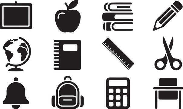 Education icons collection with chalkboard apple stack of books pencil globe notebook ruler scissors bell backpack calculator.