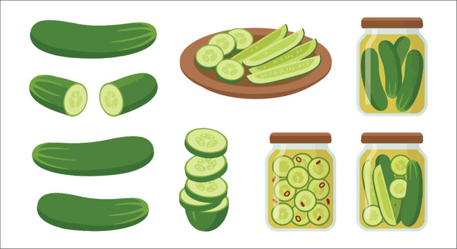Cucumbers and pickled cucumbers illustration a colorful vector arrangement on a white background cucumber pickles gherkins vegetable vegetables fresh produce food digital flat graphic design