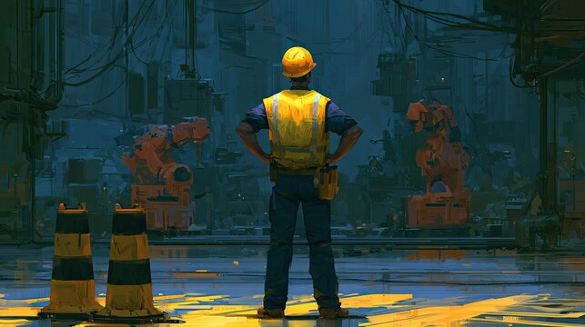 A worker surveys a factory floor with robotic arms