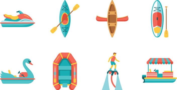 Set of Water Sports Vehicles and Recreational Watercraft Icons Isolated on White Background
