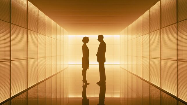 Silhouetted couple standing in a glowing, futuristic, mirrored hallway
