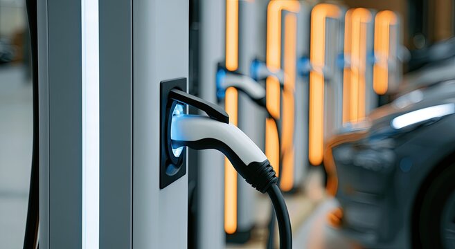 Close-up of electric vehicle charging station with illuminated ports and a car