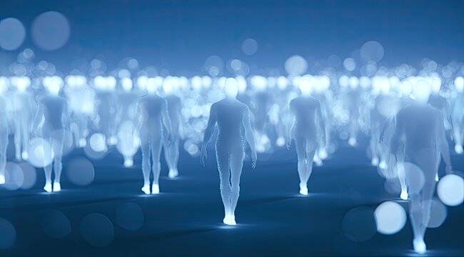 Ethereal, translucent figures walk in a blue, bokeh-filled, abstract landscape