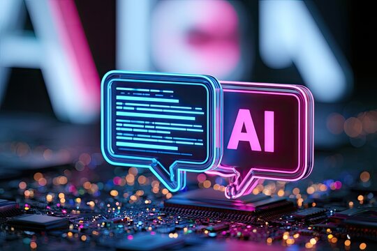 Glowing AI chat bubbles & circuit board, digital future