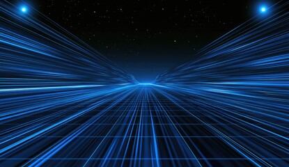 Fototapeta premium Fast blue light trails rush towards a distant horizon under a starry sky