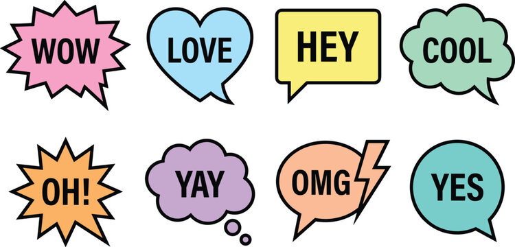 Set of Colorful Comic Speech Bubbles with Slang Expressions and Chat Text Words Isolated on White