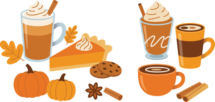 Autumn coffee set with pumpkin pie slice lattes and cookies fall season elements with cinnamon sticks and pumpkins on background.