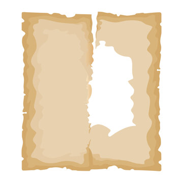Two vertical strips of antique paper with jagged torn edges and central hole damage creating realistic vintage weathered paper textures.