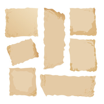 Collection old worn paper sheets, various shapes with rough edges set isolated on transparent background vector.