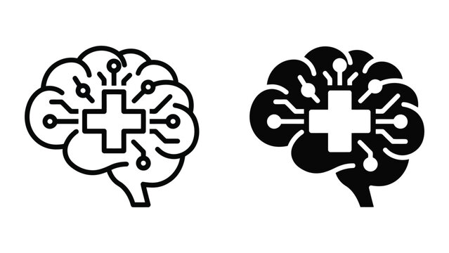 Human brain icon integrated with circuitry and digital medical cross symbol for neurology and advanced medical artificial intelligence software representation in clear vector illustration format