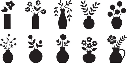 Obraz premium Collection of various decorative flower vases with floral arrangements silhouettes for home interior and botanical decoration.