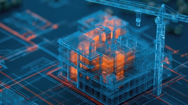 Futuristic building construction blueprint with glowing orange core and crane