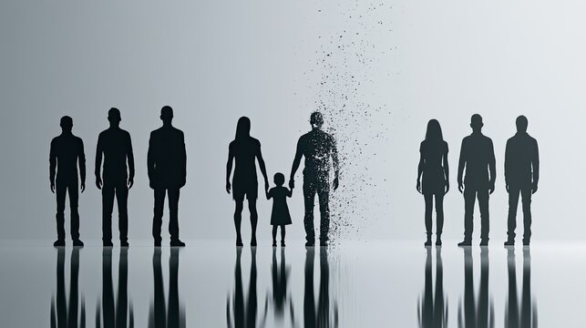 Silhouettes of a family unit dissolving into particles