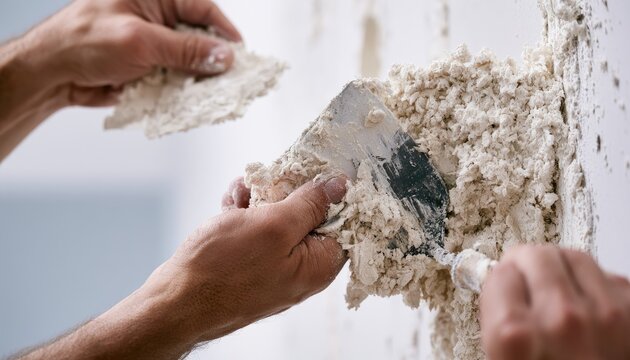 Hands expertly apply thick, textured plaster to a wall with tools