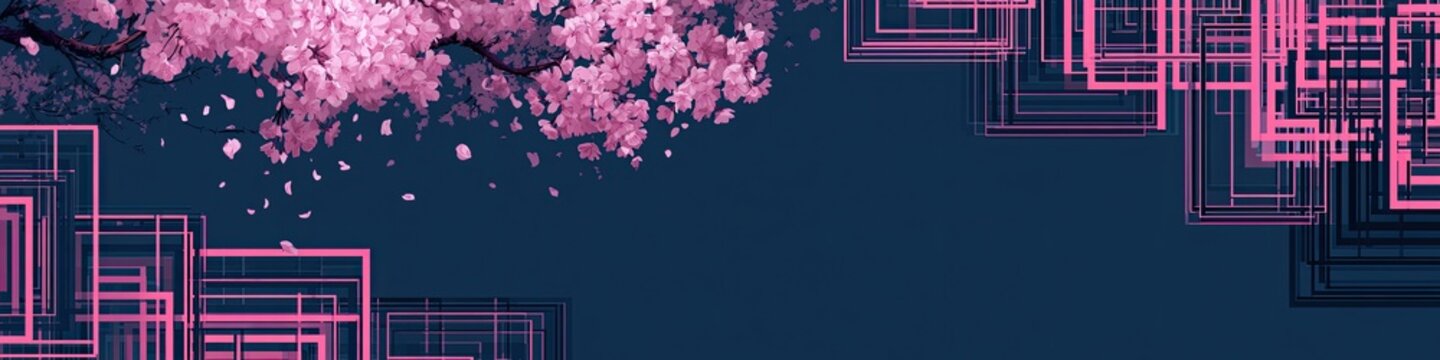 Delicate pink blossoms fall against a deep blue background with abstract geometric designs