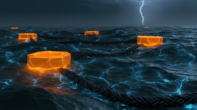 Glowing orange hexagonal buoys illuminate stormy seas, connected by thick rope