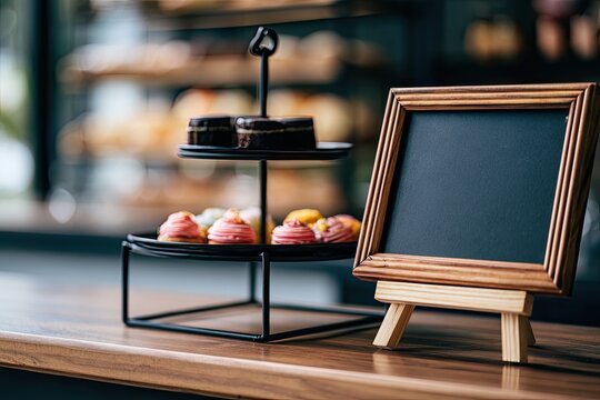 Two-tiered dessert stand with colorful pastries and empty blackboard on counter