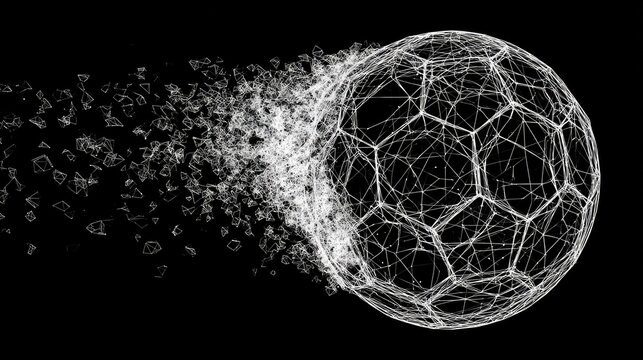 Wireframe sphere disintegrates into scattered particles against black backdrop