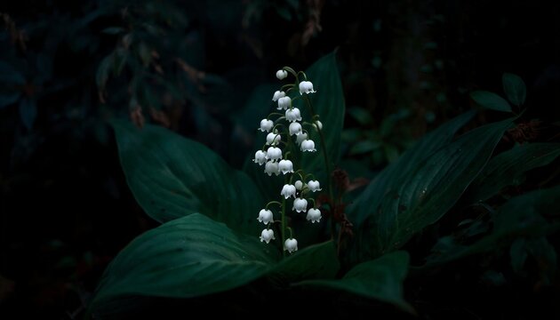 White bell-shaped lilies of the valley contrasting against deep green leaves. Soft morning mist in a dark forest nook. Ethereal high-contrast botanical image