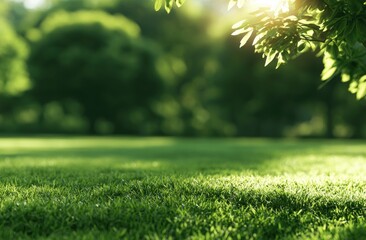 Naklejka premium Soft sunlight filters through lush green foliage onto a manicured lawn
