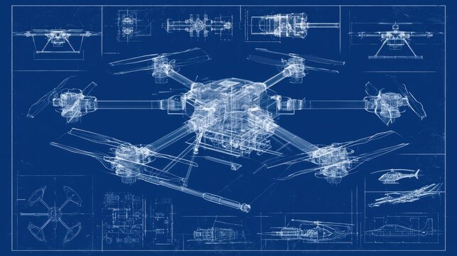 Detailed technical blueprints of an advanced, multi-rotor aerial drone with multiple views