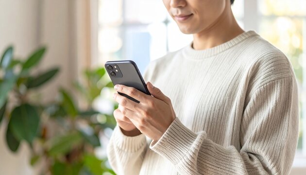 健康アプリを片手でスクロールする日本人・リビング室内・顔なし胸元構図 / Japanese Person One-Hand Scrolling Health Wellness App &mdash; Chest-Up Frame, Face Excluded, Soft Living Room Bokeh, Healthcare Digital Lifestyle, Natural Light