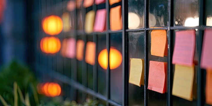 Colorful notes stuck on a grid, with warm bokeh lights in the background