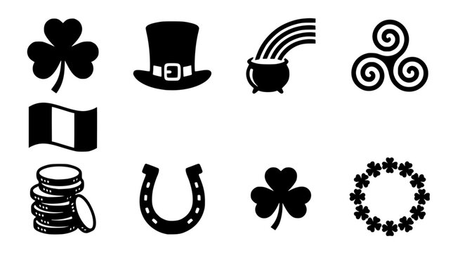 Black and white vector graphic illustration of saint patrick's day symbols