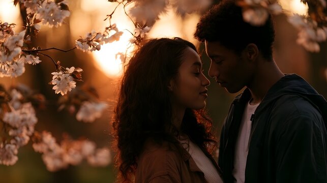 A tender couple stands affectionately under blooming flowers bathed in a warm golden glow