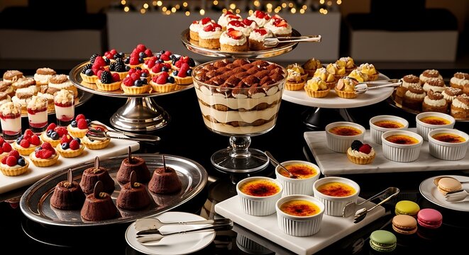 Elegant Dessert Table with Cakes Pastries and Fresh Berries for Celebration.