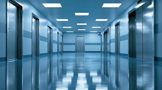Sterile, brightly lit corridor with multiple polished metallic elevator doors