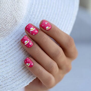 Cute Summer Sun Hat and Flower Nail Art Design on Vibrant Pink Gel Polish with Short Squoval Fingernails and White Beach Straw Hat