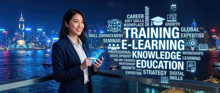 Professional woman engaged in e learning and training strategies amidst a cityscape at night highlighting growth in digital skills and career development