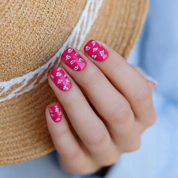 Trendy Hot Pink Gel Manicure with Minimalist Evil Eye Nail Art Patterns on Short Squoval Fingernails Holding Straw Sun Hat