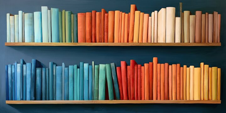 Two shelves of books, ordered by color, from cool to warm hues