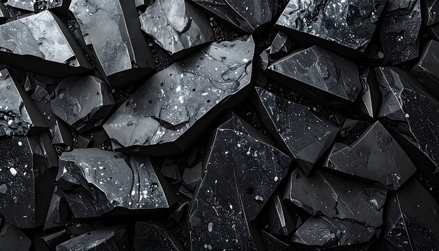 Close-up of Dark Obsidian Rock Fragments with Reflective Surfaces.
