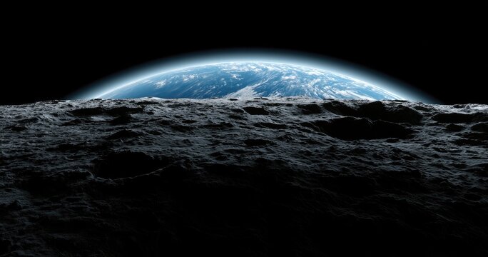 Earth peeks over a moonscape, vast black space behind