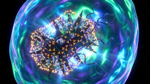粘液層に捕らえられた病原体に抗体が結合しオプソニン化する現象を表現した科学CG映像