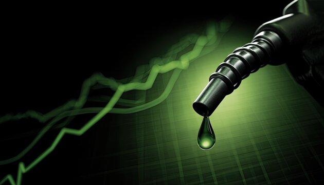Droplet of dark liquid falls from a dark nozzle against a green graph