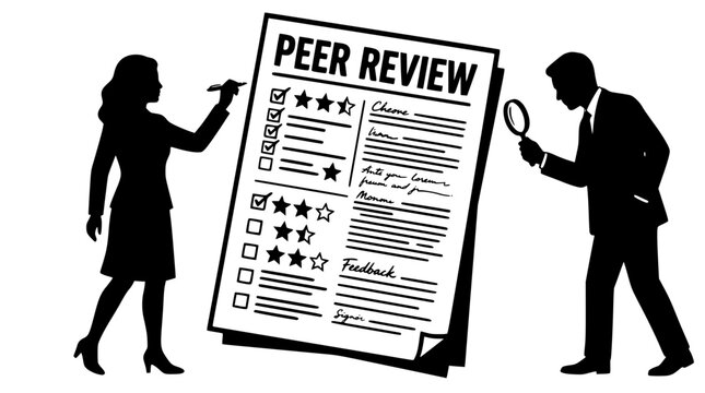 Business professionals analyzing a peer review form in a vector illustration