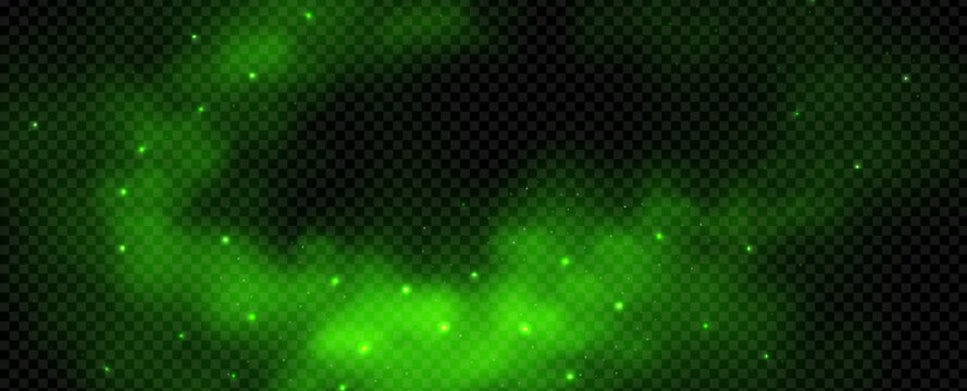 Cloud of magic smoke with green smell sparkle and light particle. Poison powder fog with halloween gas background effect and bolt arrow lightning. Paint mist with bright neon flare and glow energy