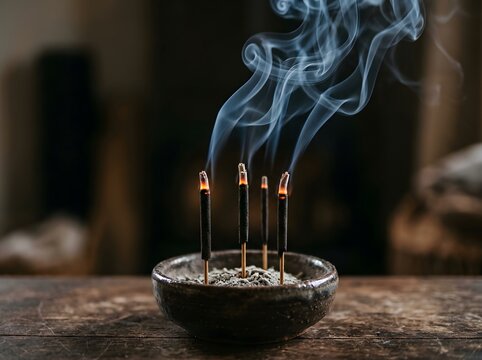 Incense sticks burning in a ceramic bowl with aromatic smoke rising against