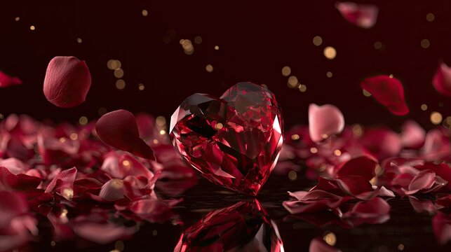 Faceted ruby heart amidst floating rose petals and golden dust