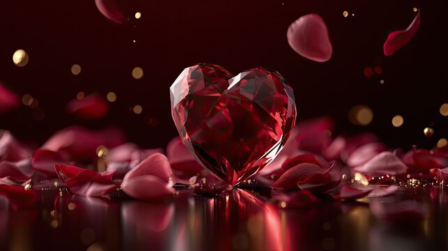 Faceted ruby heart with falling rose petals and golden bokeh