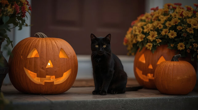 Black cat beside glowing jack o lanterns on autumn porch, cozy seasonal mood